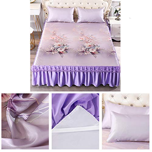 Ropa de Cama Kits, Antideslizante Diseño Banda Cama Faldas con la Funda de Almohada Ropa de Cama para el Verano de refrigeración Individual Cama Doble, 3 Piezas,Purple-200 * 220cm