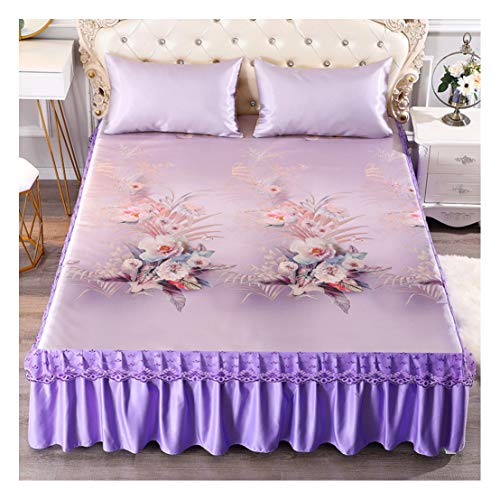 Ropa de Cama Kits, Antideslizante Diseño Banda Cama Faldas con la Funda de Almohada Ropa de Cama para el Verano de refrigeración Individual Cama Doble, 3 Piezas,Purple-200 * 220cm