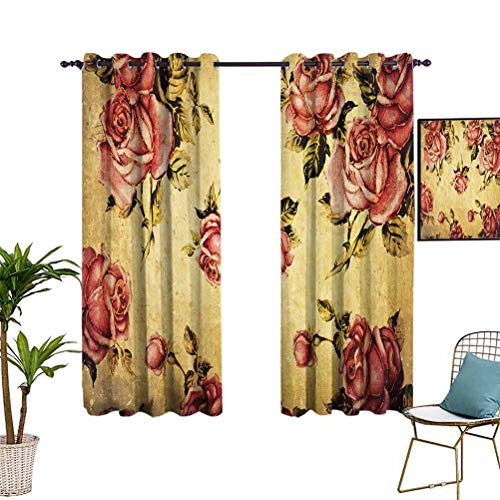 Rosas Decoraciones Blackout Cortina Liner Antiguo Estilo Victoriano Patrón Rosa con Dramático Color Boho Art Design Fácil de limpiar Mostaza y Rosa Ligth W52 x L63 pulgadas