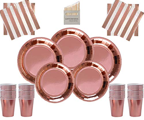 Rose Gold Party Decorations Decoraciones de Fiesta en Oro Rosa Juego de Fiesta de 81 Piezas Papel de Aluminio Platos Copas Servilletas con lápices de Colores Surtidos Gratis: para 16 Invitados