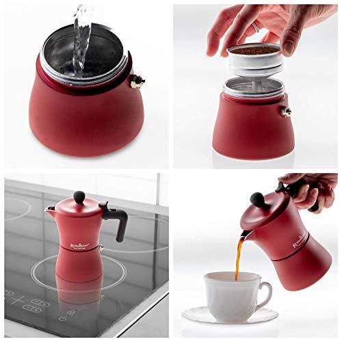 ROSMARINO - Cafetera expreso para inducción y todo tipo de fuegos, para café italiano auténtico, 3 tazas de café expreso, color rojo