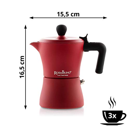 ROSMARINO - Cafetera expreso para inducción y todo tipo de fuegos, para café italiano auténtico, 3 tazas de café expreso, color rojo