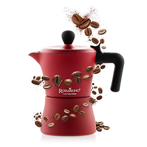 ROSMARINO - Cafetera expreso para inducción y todo tipo de fuegos, para café italiano auténtico, 3 tazas de café expreso, color rojo