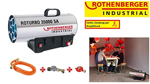 ROTHENBERGER 1500000364 Industrial Gas – Heiz – Kanone / Gebläse RoTurbo 35000 SA inkl. Piezo-Zündung , Schlauch , Schlauchbruchsicherung & Regler 34,0 kW, regelbar