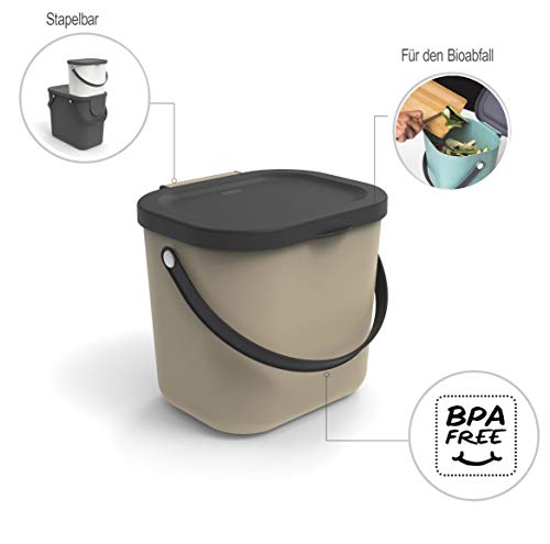 Rotho Albula, Cubo de basura biológica de 6 litros con tapa y asa para la cocina, Plástico PP sin BPA, capuchino, antracita, 6l 23.5 x 20.0 x 20.8 cm