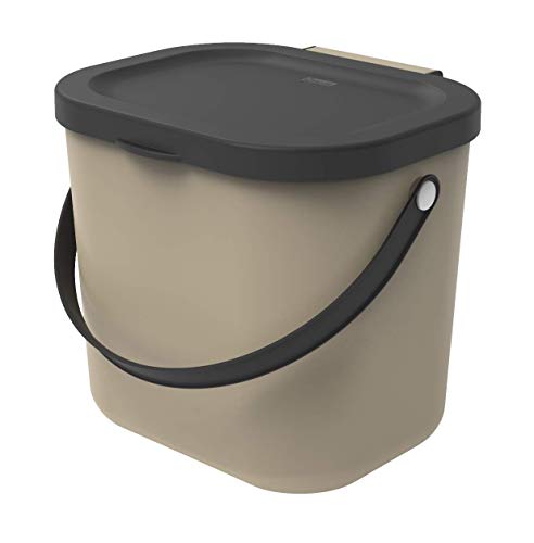 Rotho Albula, Cubo de basura biológica de 6 litros con tapa y asa para la cocina, Plástico PP sin BPA, capuchino, antracita, 6l 23.5 x 20.0 x 20.8 cm