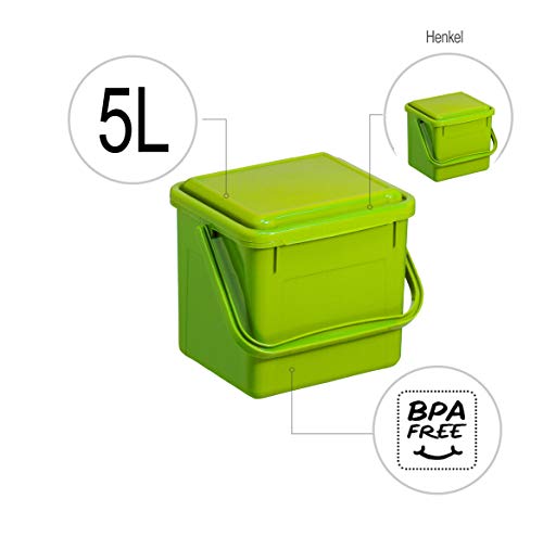 Rotho Bio, Cubo de abono 5l con tapa y asa para la cocina, Plástico PP sin BPA, verde, 5l 21.0 x 20.0 x 18.0 cm