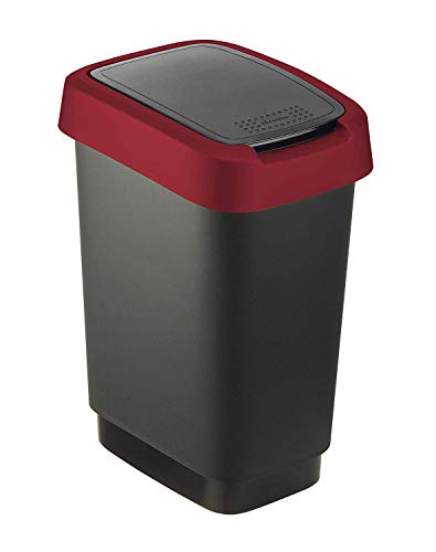 Rotho Twist, Cubo de basura de 10 litros con tapa, puede ser usado como tapa abatible o con bisagras, Plástico PP sin BPA, negro, rojo, 10l 24.8 x 18.1 x 33.0 cm
