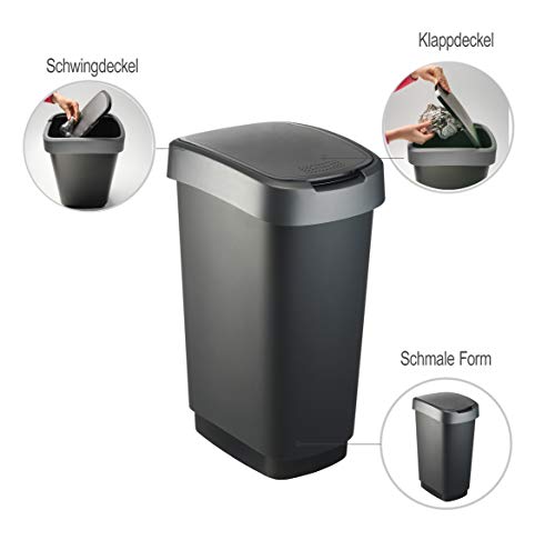 Rotho Twist, Cubo de basura de 50l con tapa, puede ser usado como tapa abatible o con bisagras, Plástico PP sin BPA, negro, plateado, 50l 40.1 x 29.8 x 60.2 cm