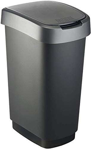 Rotho Twist, Cubo de basura de 50l con tapa, puede ser usado como tapa abatible o con bisagras, Plástico PP sin BPA, negro, plateado, 50l 40.1 x 29.8 x 60.2 cm