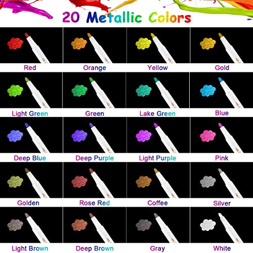 Rotuladores Metálicos,20 Colores Brillantes Marcador Metálico 1 Bolígrafo Negro,6 Plantillas de Papel de Pintura para Manualidades de Bricolaje,Pintura Rupestre,Album de Bricolaje,Punta Fina de Vidrio