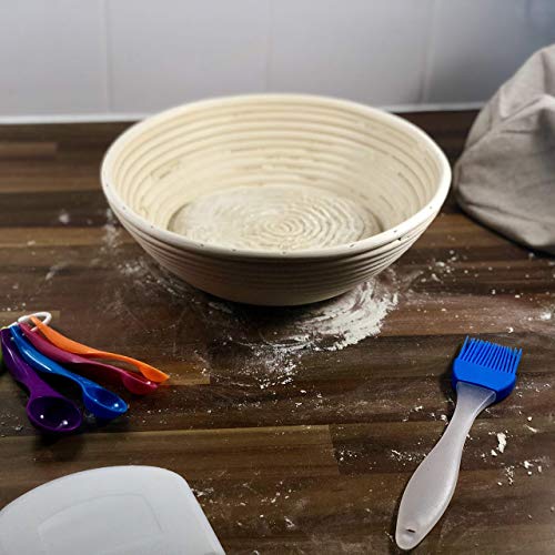 Round Bread Proving Banneton Basket - With 6 pcs Starter Set For Proofing Basket - Lame, Scraper, Brush, Measuring Spoon & Liner - 100% Natural Large 10 inch, 25 cm Basket for Baking Artisan Sourdough