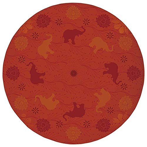 Round Rug Mat Carpet,Red Mandala,Asian Nature Theme Elephant and Lotus Flowers Circle Waves Eastern Culture Decorative,Scarlet Red,Flannel Microfiber Non-slip Soft Absorbent,for Kitchen Floor Bathroom