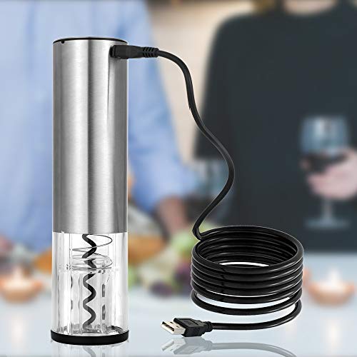 Rovtop Abrebotellas eléctrico recargable del vino del acero inoxidable con el cable de datos de carga plata