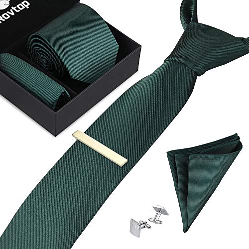 Rovtop Corbatas de Hombre Regalo Conjunto - Set de Corbata Hombre Simulación Cosidas a Mano de Seda con Corbata, Pañuelo, 1 par Gemelos Cuadrados, 3 Clips de Corbata (Verde Oscuro)