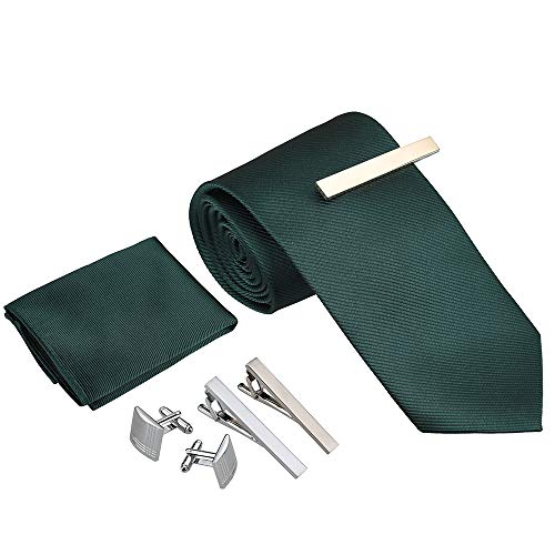 Rovtop Corbatas de Hombre Regalo Conjunto - Set de Corbata Hombre Simulación Cosidas a Mano de Seda con Corbata, Pañuelo, 1 par Gemelos Cuadrados, 3 Clips de Corbata (Verde Oscuro)