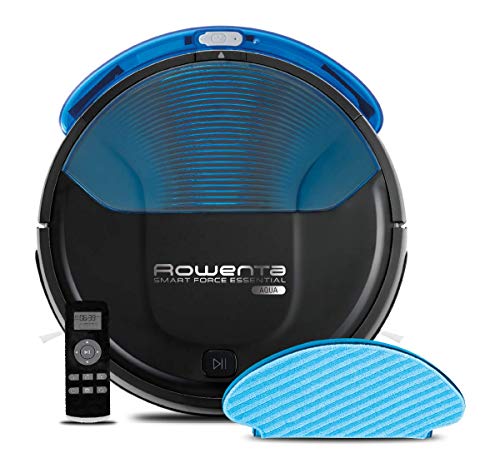 Rowenta RR6971WH Smart Force Essential Aqua - Robot Aspirador 2 en 1, Aspira y Friega, con Sensores Anticaída, 150 Minutos de Autonomía, Incluye Mando a Distancia y Base de Carga, Negro/ Azul Oscuro