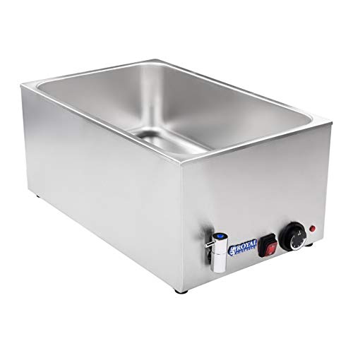 Royal Catering Baño María Comercial RCBM-1/1-150A-GN (GN 1/1, Termóstato 50-95°C, 1.200 W, 150mm, grifo de vaciado, Acero inoxidable, incl. recipiente 1/1 GN con tapa)