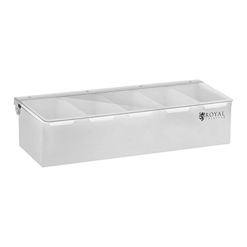 Royal Catering Caja Para Condimentos Condimento Dispensador RCCBP 5 (Acero inoxidable, 5 envases, Capacidad por envase: 450 ml, Cubierta de Polipropileno, 38 x 15 x 8,8 cm)