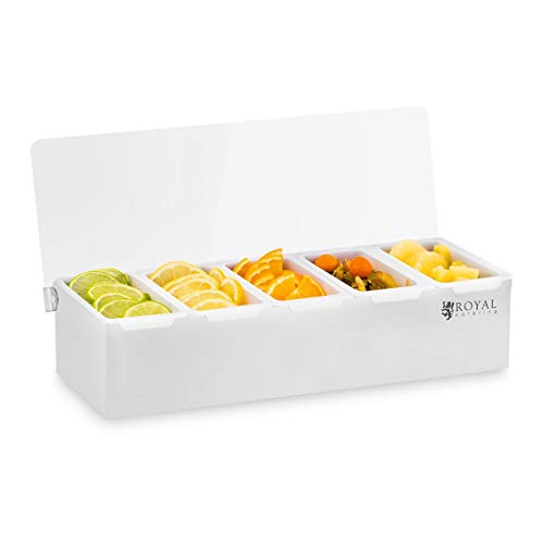 Royal Catering Caja Para Condimentos Condimento Dispensador RCCBP 5 (Acero inoxidable, 5 envases, Capacidad por envase: 450 ml, Cubierta de Polipropileno, 38 x 15 x 8,8 cm)