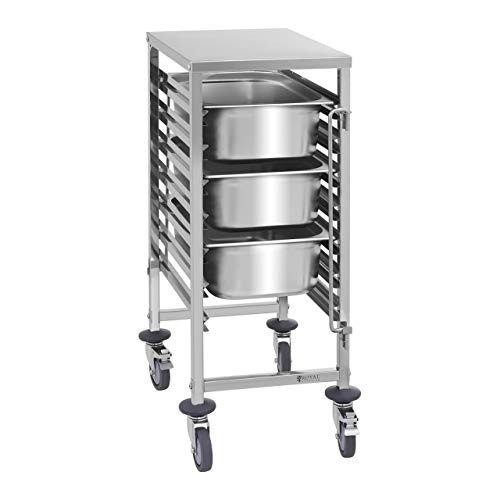 Royal Catering Carro bandejero para 7 bandejas RCTW 7 GN1/1 (Capacidad de carga 50 kg, 2 seguros verticales, Acero inoxidable, Para GN 1/1, 1/2, 1/3, 2/3, 2/8)