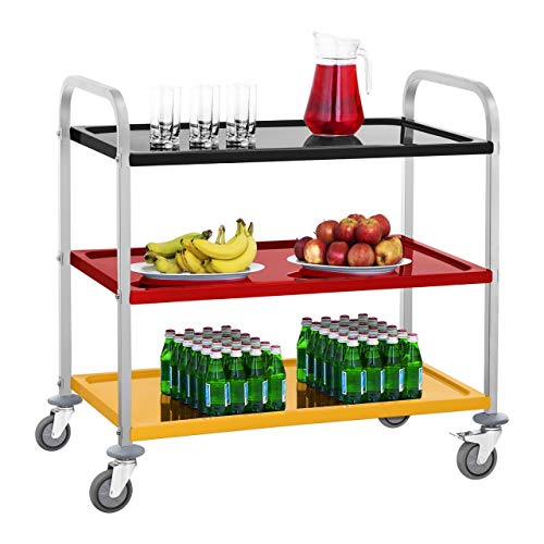 Royal Catering Carro Cocina Carrito de Servicio con Ruedas RCSW 3C (3 Estantes, Hasta 150 kg, Bandejas en negro/rojo/amarillo, Distancia entre estantes: 28 cm)