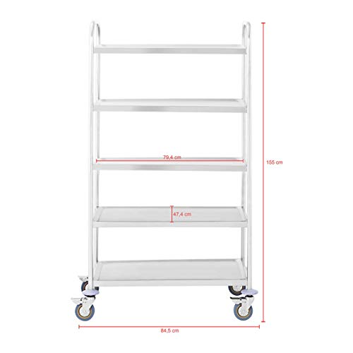 Royal Catering Carro Cocina Carrito de Servicio con Ruedas RCSW-5 (5 Estantes, Carga 480 kg, Distancia entre estantes 27 cm, Acer inoxidable)