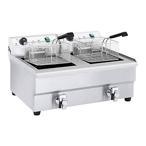 Royal Catering Freidora Electrica Profesional Doble RCEF 16DH-1 (2 x 16 L, 2 x 3 200 Watt, Termostato, 2 Grifos de vaciado, Acero inoxidable)