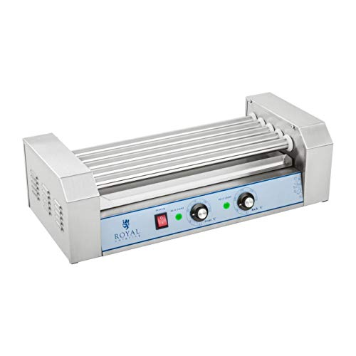 Royal Catering Máquina Asador de perritos calientes RCHG-5E (5 Rodillos, 8 Salchichas, 1000 W, 230 V, 2 Zonas calentadoras individuales, 58,5 x 26 x 38 cm, Acero inox)