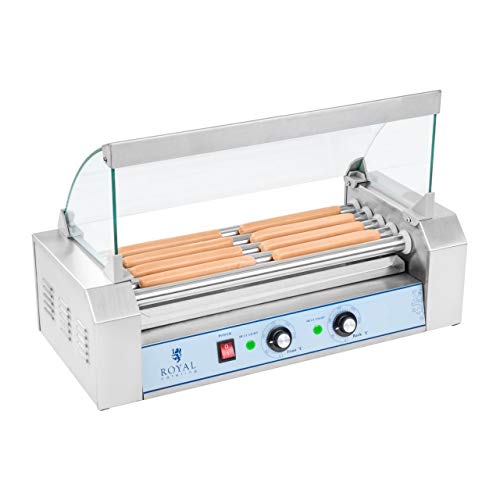 Royal Catering Máquina Asador de perritos calientes RCHG-5E (5 Rodillos, 8 Salchichas, 1000 W, 230 V, 2 Zonas calentadoras individuales, 58,5 x 26 x 38 cm, Acero inox)