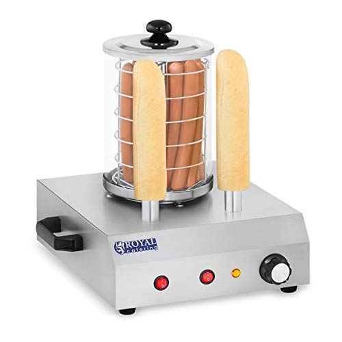 Royal Catering Máquina de Perritos Calientes Hot-Dog Machine con 2 Pinchos RCHW-350-2 (422 W, Temperatura hasta 97 °C, Vidrio templado, Acero inoxidable, Aluminio, 500 ml)