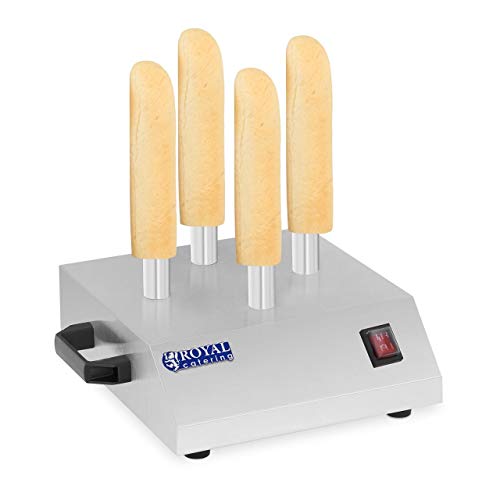 Royal Catering Máquina de Perritos Calientes Hot-Dog Machine para Panecillos con 4 Pinchos RCHW-200 (200 W, 230 V, Acero inoxidable, Temperatura max. 145 °C)