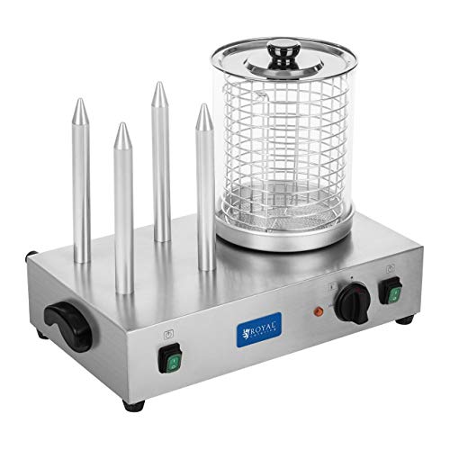 Royal Catering Máquina de Perritos Calientes Profesional RCHW 2300 (4 Pinchos, 2 x 300 Watt, Temperatura 0-95 °C, Altura del cilindro 24 cm, Ø 20 cm)