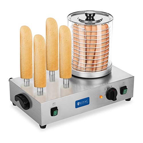 Royal Catering Máquina de Perritos Calientes Profesional RCHW 2300 (4 Pinchos, 2 x 300 Watt, Temperatura 0-95 °C, Altura del cilindro 24 cm, Ø 20 cm)