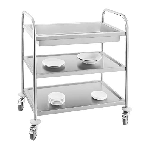 Royal Catering RCGW 1 Carro Cocina Carrito de Servicio con ruedas (2 estantes y 1 bandeja de recogida, Capacidad de Carga 150 kg, Distancia entre las Bandejas 27,5 cm) Acero Inox