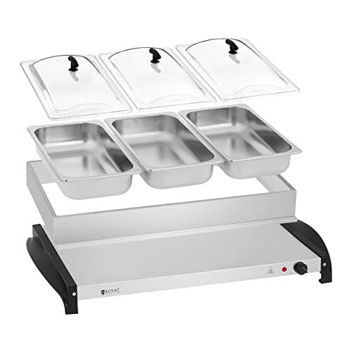 Royal Catering RCHP-400/3 Calienta Platos Electrico Calentador Buffet (3 x 2 L, 400 W, 45–85 °C, Cubiertas de Vidrio Acrílico, Acero Inoxidable)