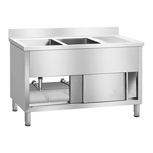 Royal Catering RCHS-1400WS Fregadero Cocina Industrial Dos Senos con Armario (Acero Inoxidable, 80x139,8x94,5 cm, Senos de 40x40x26 cm, Superficie de Almacenamiento)