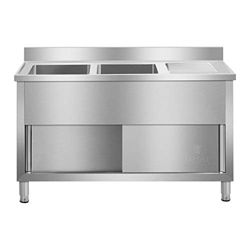 Royal Catering RCHS-1400WS Fregadero Cocina Industrial Dos Senos con Armario (Acero Inoxidable, 80x139,8x94,5 cm, Senos de 40x40x26 cm, Superficie de Almacenamiento)