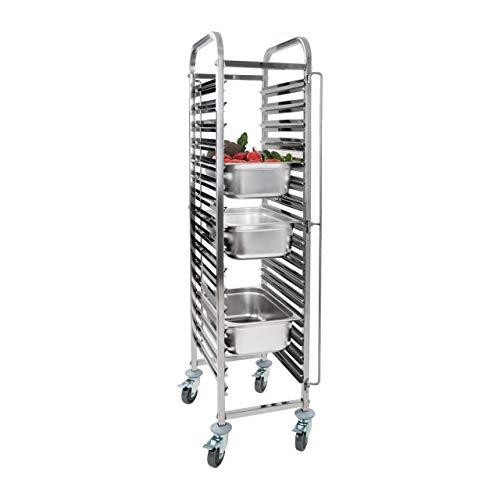 Royal Catering - RCTW 16 GN - Carro bandejero para cubetas gastronómicas con capacidad de 16 cubetas - Barras verticales para garantizar la seguridad de las cubetas - fabricado en acero inoxidable - 4 ruedas de goma dirigibles con freno