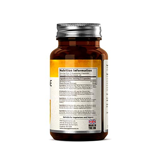 RS Berberina HCL Capsulas 400mg con Extracto de Pimienta Negra - 90 Cápsulas Veganas - Controle de Glucosa en la Sangre y del Metabolismo - Soporte Inmunológico - Sin OGM, Gluten y Alérgenos