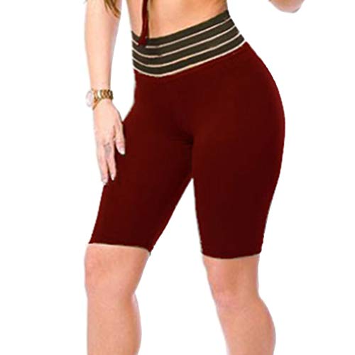 Rtengtunn Pantalones Pitillo de Cintura Alta a Rayas con Cintura Alta para Mujer Pantalones Deportivos de Color Liso con Pliegues y Levantamiento de glúteos Pantalones Cortos de Yoga - Vino Rojo - XL