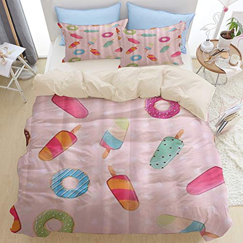 RUBEITA Bedding Juego de Funda de Edredón,Donuts de Helado de Muchos Colores Delicioso Postre,Microfibra (1 Cama 94 * 102inch + 2 Almohada 19.6 * 31.5inch)