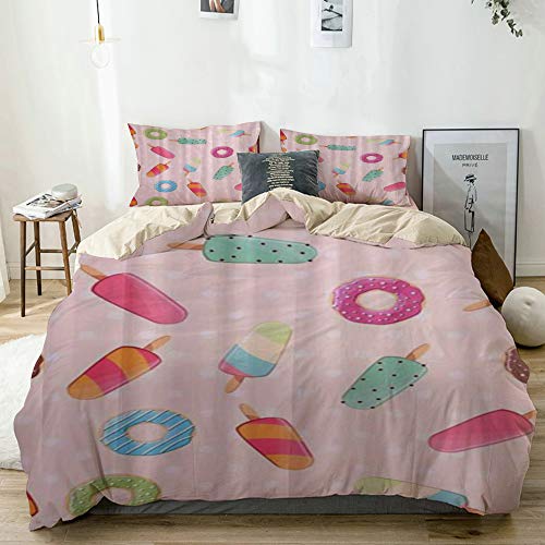 RUBEITA Bedding Juego de Funda de Edredón,Donuts de Helado de Muchos Colores Delicioso Postre,Microfibra (1 Cama 94 * 102inch + 2 Almohada 19.6 * 31.5inch)