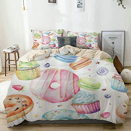 RUBEITA Bedding Juego de Funda de Edredón,Dulce Delicioso Macaron Cupcakes Donuts Muffins Azúcar Sabroso Sabroso Diseño Acuarela,Microfibra (1 Cama 94 * 102inch + 2 Almohada 19.6 * 31.5inch)