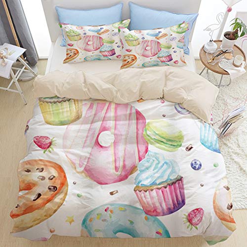 RUBEITA Bedding Juego de Funda de Edredón,Dulce Delicioso Macaron Cupcakes Donuts Muffins Azúcar Sabroso Sabroso Diseño Acuarela,Microfibra (1 Cama 94 * 102inch + 2 Almohada 19.6 * 31.5inch)