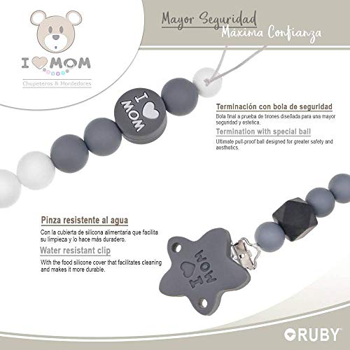 RUBY - Cadena chupete silicona, chupetero para bebé con bola y pinza de estrella I LOVE MOM de silicona libre de BPA y antibacteriana (Gris)