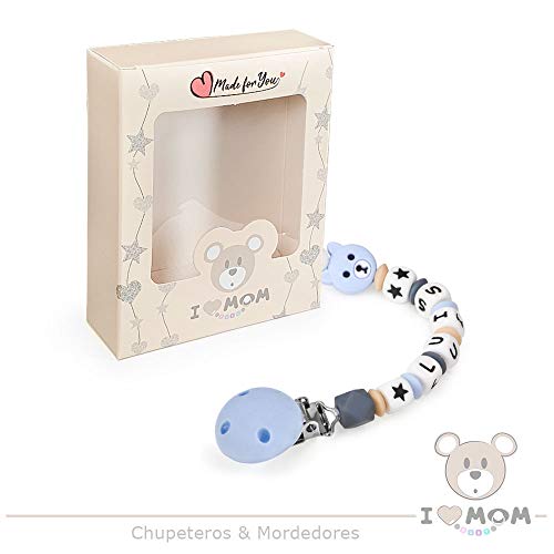 RUBY - Chupetero Personalizado ILOVEMOM para Bebe con Nombre Bola Silicona Antibacteriana con Pinza de Acero Inoxidable (Azul Pastel-XX)