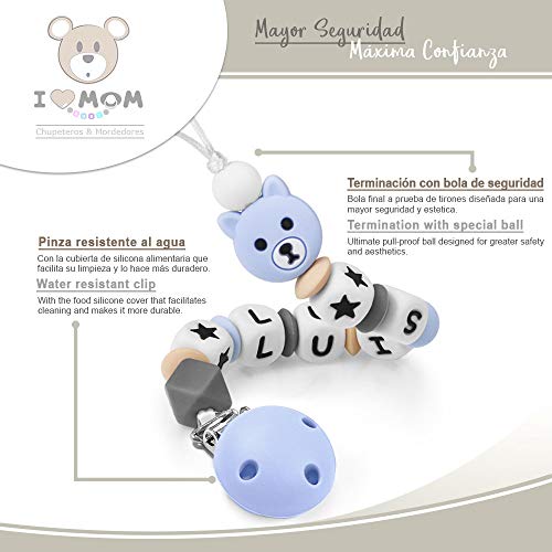 RUBY - Chupetero Personalizado ILOVEMOM para Bebe con Nombre Bola Silicona Antibacteriana con Pinza de Acero Inoxidable (Azul Pastel-XX)