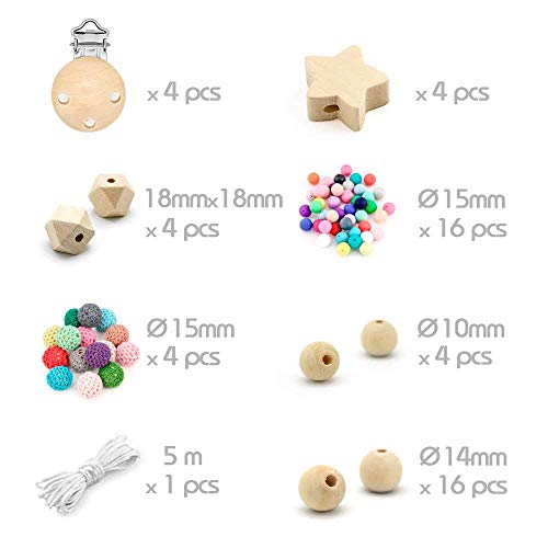 RUBY - Kit 4 Chupeteros con pinzas de madera y bolas silicona antibacteria para bebe, cadena para chupetes con clip de madera 4 colores para regalos combinables,