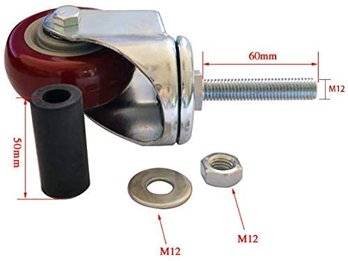 Ruedas industriales de servicio pesado Ruedas de transporte de carros 3 pulgadas 75 Mm M12; Rosca de 60 Mm con funda de goma Ruedas giratorias universales de PU con freno de doble rodamiento 80 kg po